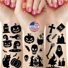 77 Pcs Halloween Temporary Tattoos Black Pumpkin Cat Ghost Witch Castle Set