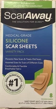 ScarAway Silicone Scar Sheets Variety Pack 8 Reusable Sheets 3 Sizes New Sealed