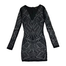 J.OUR  Black Mini Bodycon Long Sleeve Dress Geometrical Rhinestones pattern Sz S