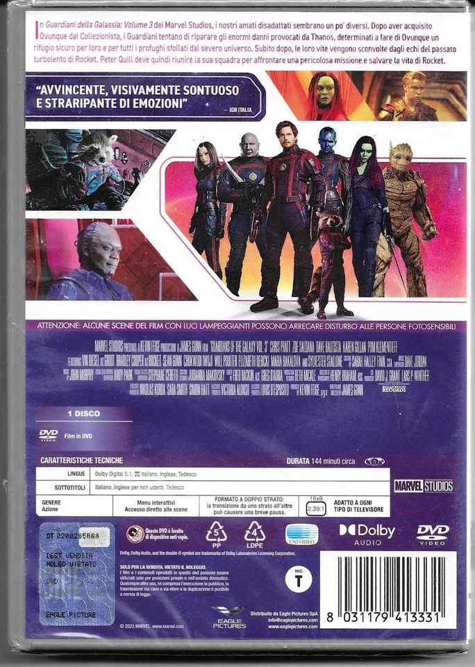 Dvd GUARDIANI DELLA GALASSIA VOLUME 3 Marvel Studios Disney nuovo sigillato 2023 - Immagine 3 di 4