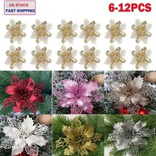 6/12pcs Glitter Christmas Poinsettia Hanging Flowers Tree Party Decoration Xmas
