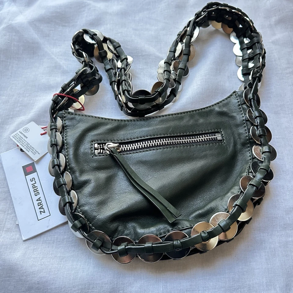 Nuevo Cartera Bandolera Zara $199 SRPLS Excedente Cuero Verde Plata Metal Anillos Foto 2 de 4