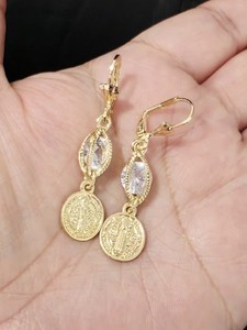 Authentic 14K Yellow Gold Plated Saint Benedict Medal Earrings - Aretes de San Benito- E47
