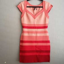 GUESS Pink Red Ombre Striped Bandage Bodycon Dress Cutout Back Size XL