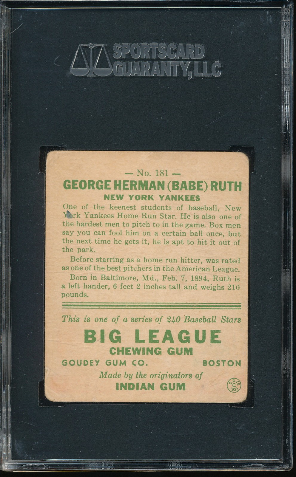 1933 Goudey Babe Ruth #181 SGC 1.5 - Yankees HOF view 2