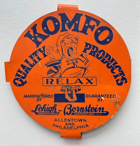 Vintage KOMFO Mattress Bed Spring Tin Metal Advertising Sign Tag 4.5". Nice!!