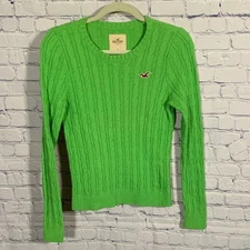 Hollister Women Y2K Cable Knit Sweater Green Size L Fitted 90s Vintage Academia