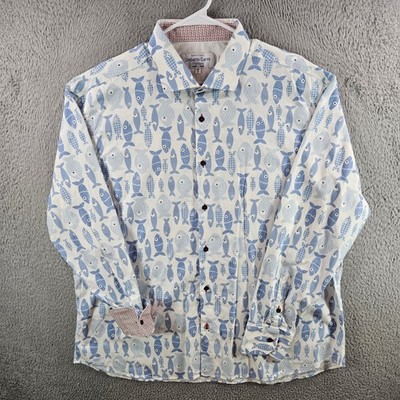 Umberto Carro Positano Mens Blue Fish Print Button Down Shirt Italy 19.5 48