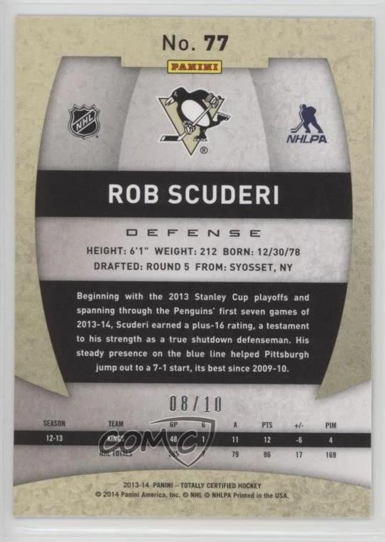2013-14 Totally Certified Mirror Platinum Blue /10 Rob Scuderi #77 - Image 2 of 2