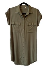 Boho Olive Green Utility Pocket Roll Tab Shirt Dress S Military Safari Luxury