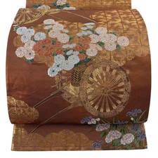 JAPANESE KIMONO BELT FUKURO OBI PURE SILK BROWN ROKUTSU-GARA FF1001