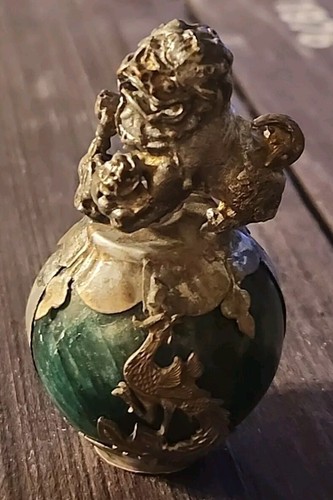 CHINESE Tibet SILVER DRAGON JADE Foo dog STATUE Small 2-1/2"