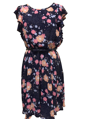 Elle Belted Dress Navy Blue Floral  Flutter Sleeves Women's Size 10 Tag $60, NWT