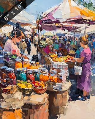 A Western market with vendors selling homemade jams oil Painting 8x10 Print