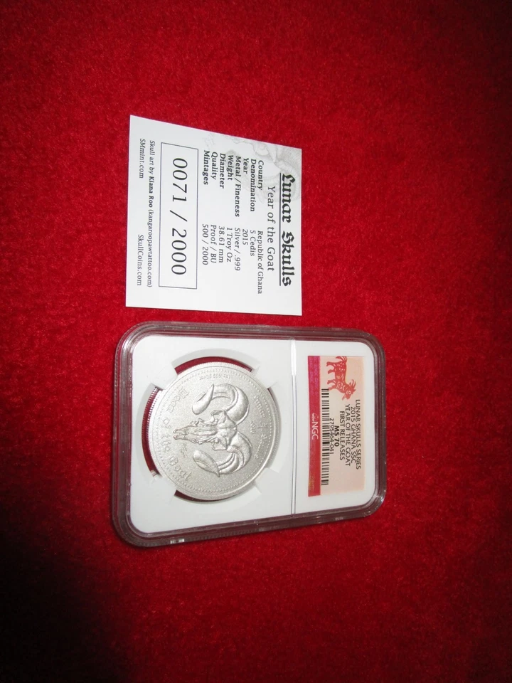 Moneda de plata GHANA 2015 calaveras lunares año de la cabra 1 oz NGC MS70 -- con certificado de autenticidad - #71 Foto 3 de 4