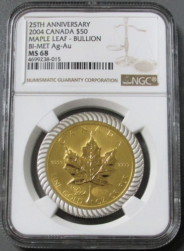 2004 GOLD CANADA 801 MINTED NGC MS 68 BI-METALLIC $50 MAPLE 25th ML ANNIVERSARY