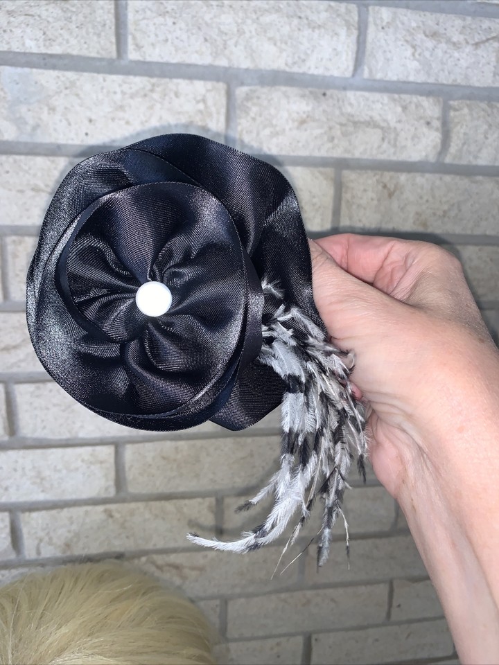 Taissa Lada Black Satin Flower Hair Black/White Speckled Ostrich