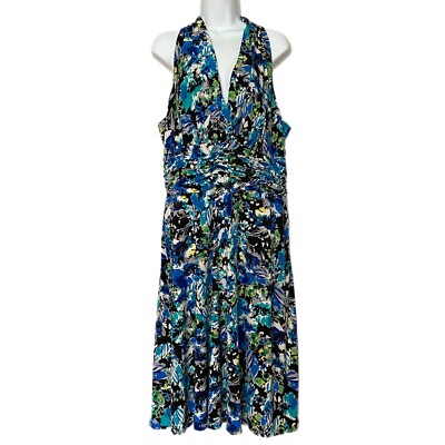 Evan Picone Jersey Knit Halter Dress Black Blue Green Large Floral Print 16 