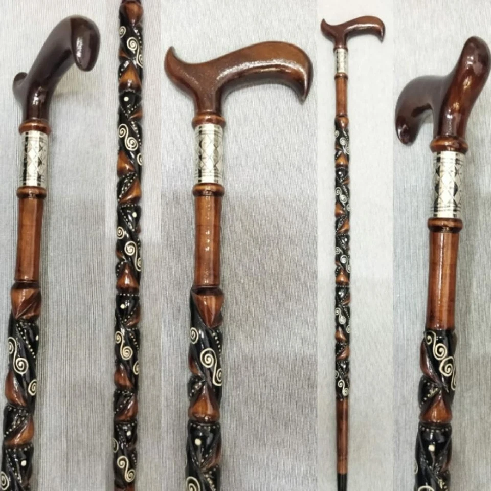 Bastón de madera plateado detallado y bordado, bastón para caminar negro y marrón Foto 2 de 4