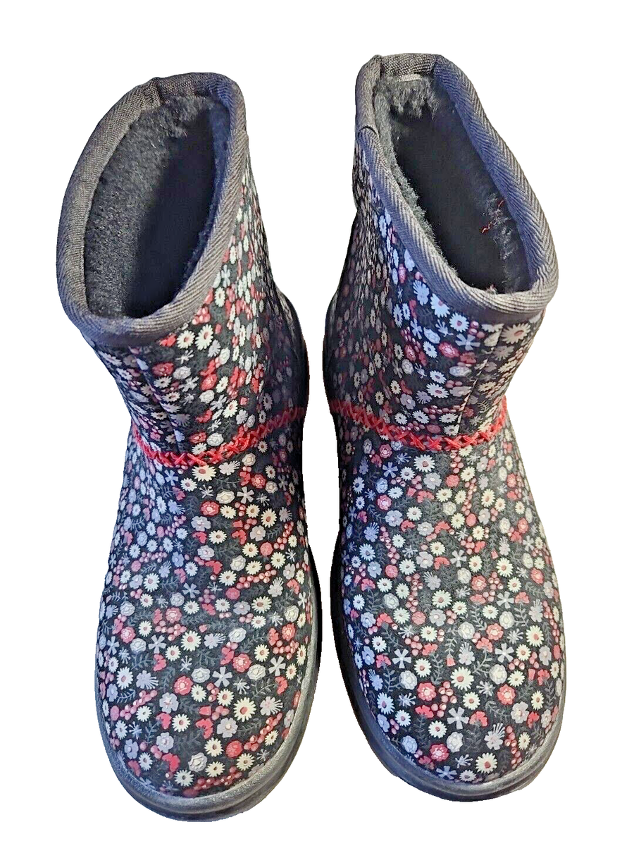 I Love UGG Boots Black Floral Suede Snow Booties Women's Size 6