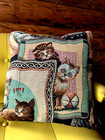 Cat Tapestry Accent Pillow Square Playful Kittens 15 inch Teal Backing Trim
