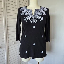 Talbots Embroidered Split Neck Tunic Top Women's S Boho Retro Hippie Eclectic 