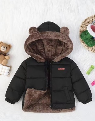 Baby Junge Winterjacke 12-18 Monate schwarz Mantel / Kapuze Ohren & Kunstfellfutter