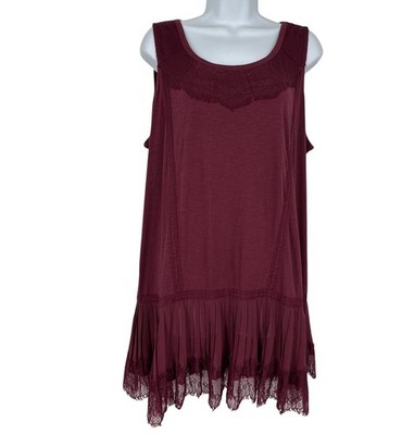 LOGO Lavish Womens Burgundy Sleeveless Tunic Top With Lace Hem & Detailing Sz XL