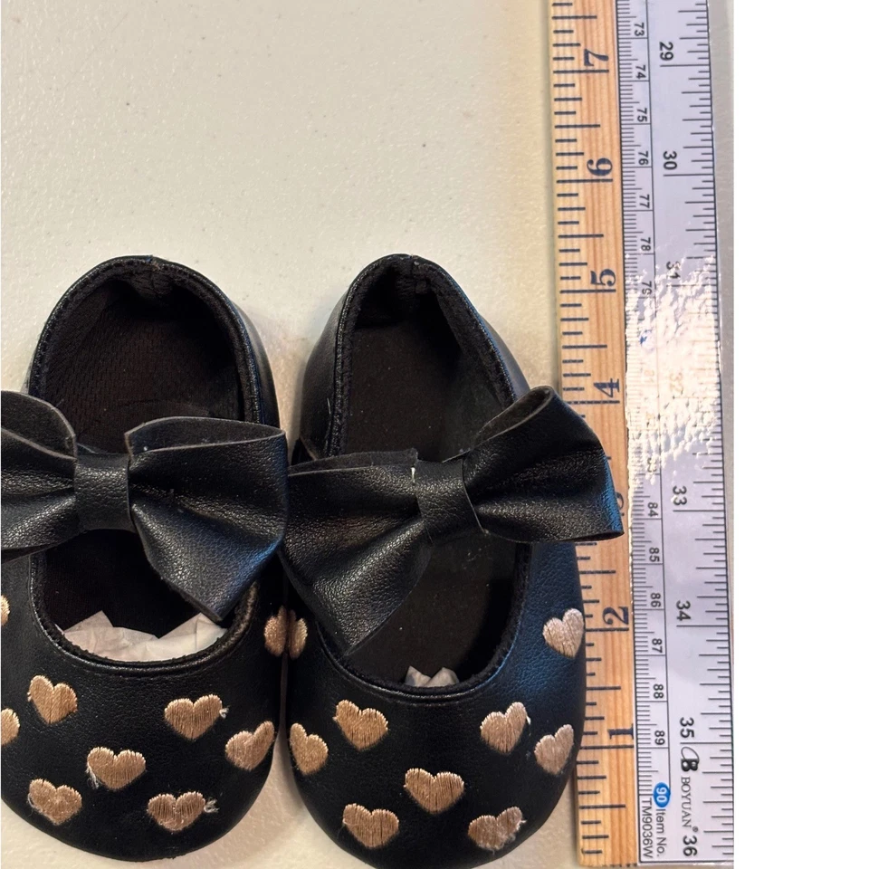 Baby Girl Black Bow Mary Jane Shoes 9-12 Months Gold Hearts Infant Slip On EUC - Image 4 of 4