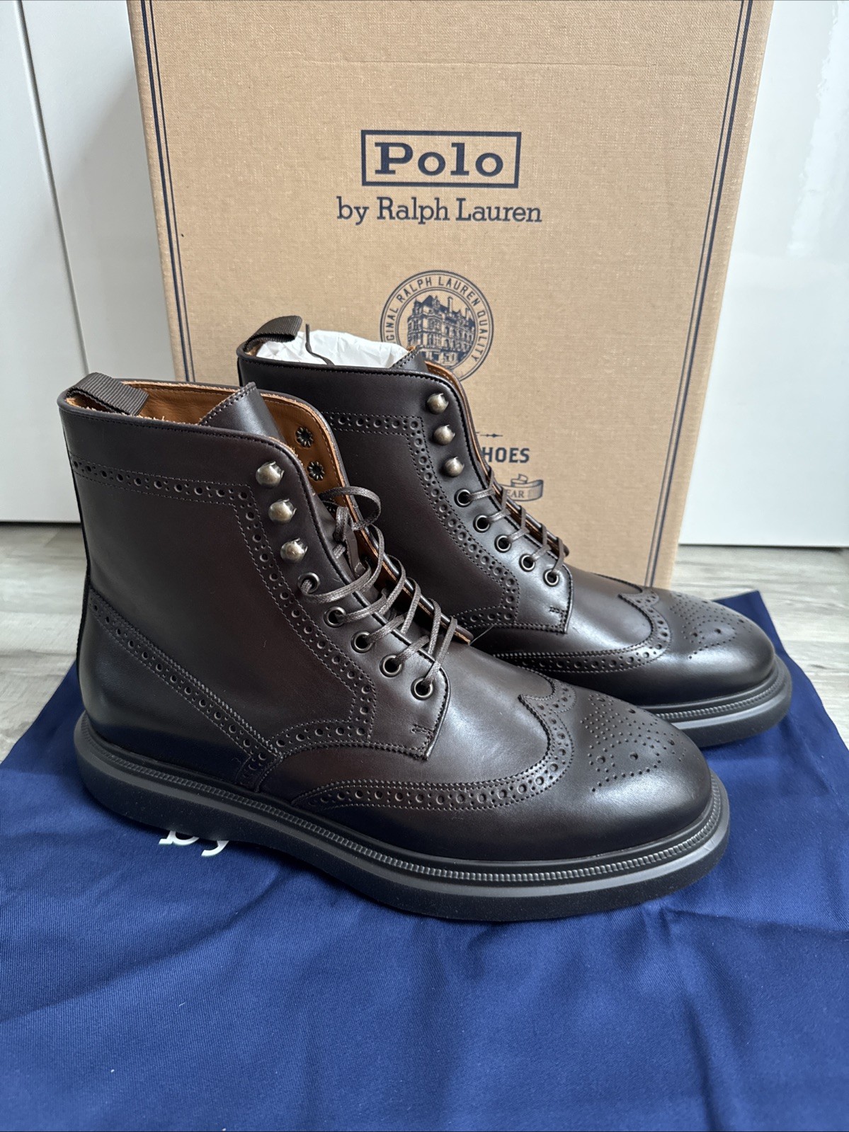 Polo Ralph Lauren Martelli leather wingtip boots Dark Brown UK 9 EU43 RRP £375