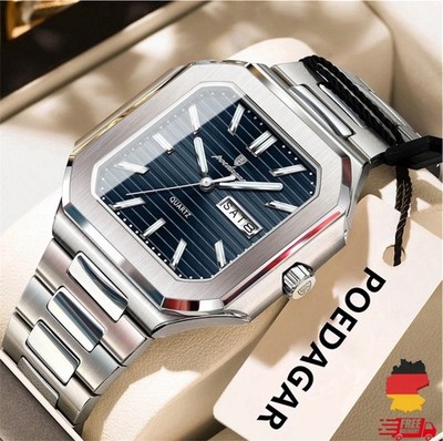 Luxus Herren Armbanduhr Rechteck Herrenuhr Edelstahl Quarzuhr Datum