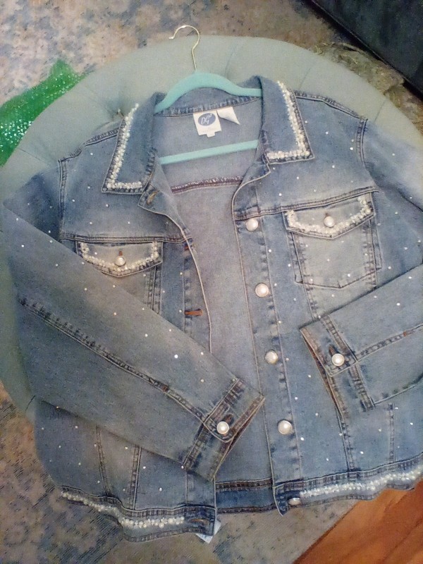 DG2 Diane Gilman Denim Jean Jacket 2X Embellished Pearls Beads Rhinestones NEW