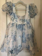 Windsor Babydoll Cottagecore Selkie Dupe Blue Floral Puff-Sleeve Dress (XS)