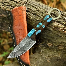 8.5" Damascus Steel Blade Combat Hunting Knife with Hybrid Wood & Leather Sheath