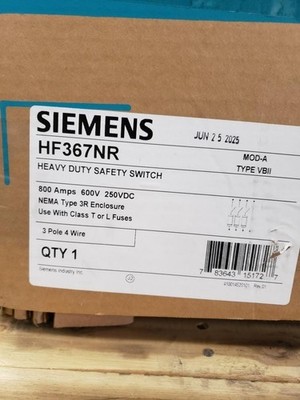 Siemens HF367NR Heavy Duty Safety Switch 800A 600V 3 Pole 4 Wire NEMA Disconnect