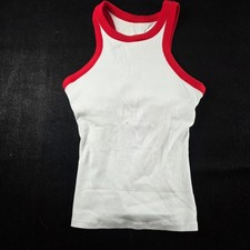White Ribbed Tank Top with Red Trim and Built-in Shelf Bra Size S