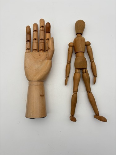 2 Wooden Artist Drawing Tools Flexible Hand & Mannequin Model VG Condition