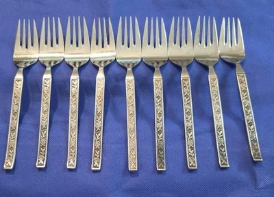 Vintage Interpur MEXICALY ROSE Stainless Steel Salad Fork Set Of 9 Forks JAPAN