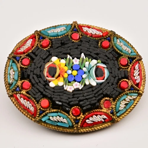 Antique Original Vintage Murano Glass Micro Mosaic Venetian Estate Brooch Pin