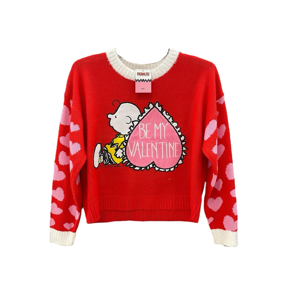 Peanuts Snoopy Valentine’s Sweater Sz L Red w/ Pink Hearts Embroidered  Charlie