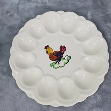 Vintage PV Deviled Egg Platter Dish Ceramic White Chicken Design Hand Painted