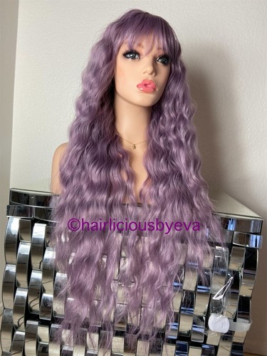Purple wig with bangs wavy wave 24 inch long heat ok - Picture 2 of 6