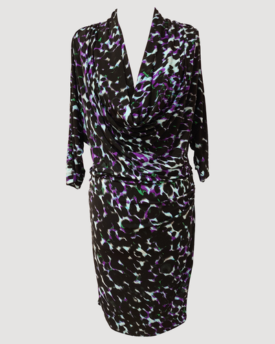 Biba UK 8 purple printed cowl neck batwing sleeve stretch jersey dress VGC