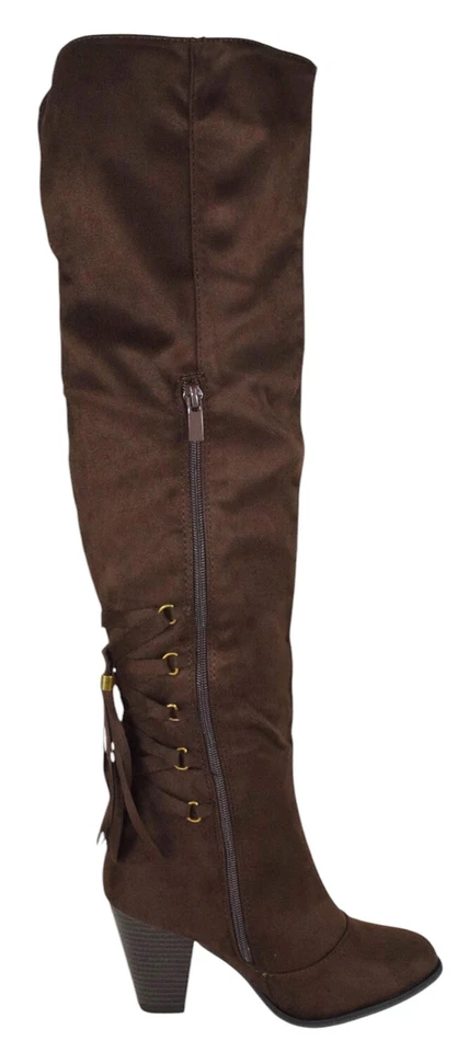 Forever Botas de Tacón Alto Sobre la Rodilla Muslo Cremallera Espalda Encaje Borla CAMILA-57 Marrón Foto 3 de 4