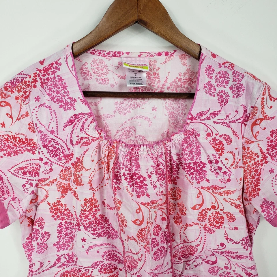 Skechers Medical Scrub Top Pink Floral Cotton Women's Large - Image 2 of 4