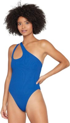 L*Space X1730 Indigo Blue Ribbed Phoebe One Shoulder One Piece Swimsuit Size 6