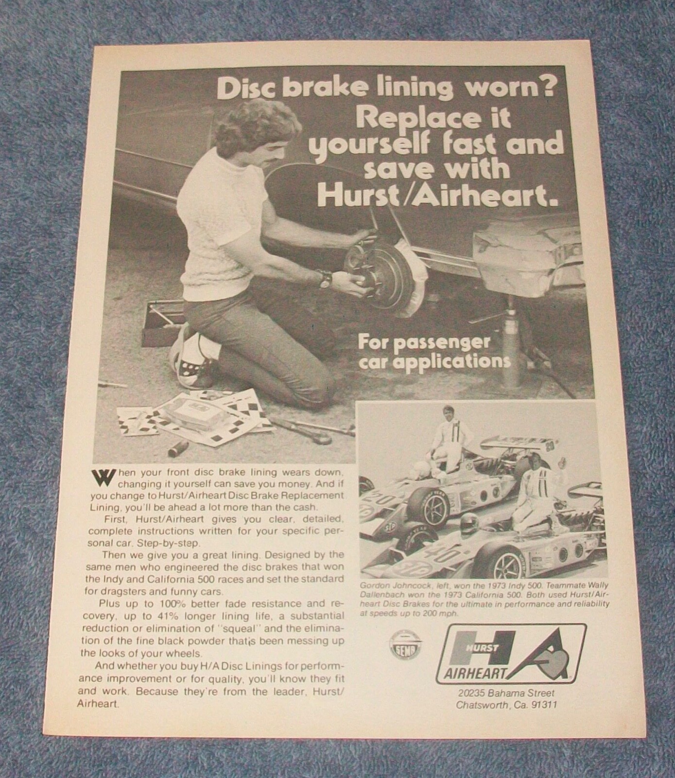 1974 Hurst Airheart Disc Brake Pads Vintage Ad 