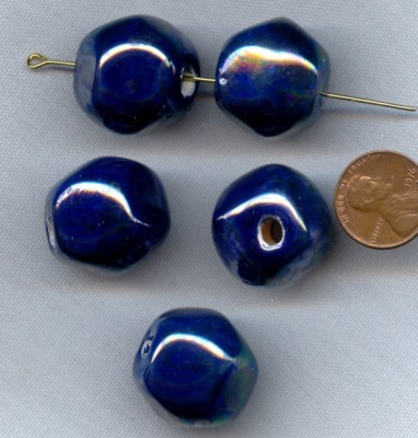 6 VINTAGE GENUINE PORCELAIN BLUE AB TYE DYE 22mm. BAROQUE ROUND BEADS  2107