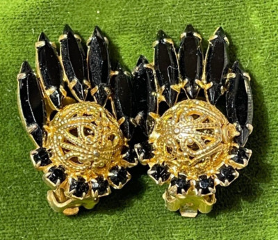 Vintage Exquisite Gold Und Schwarze Marquise Strass Filigran Clip Ohrringe DD5