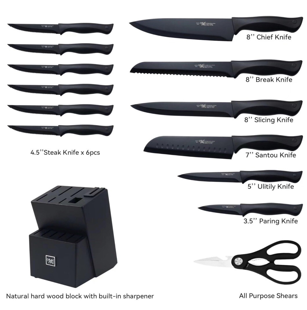 HUNTER.DUAL 15-Piece Kitchen Knife Set with Self-Sharpening Block